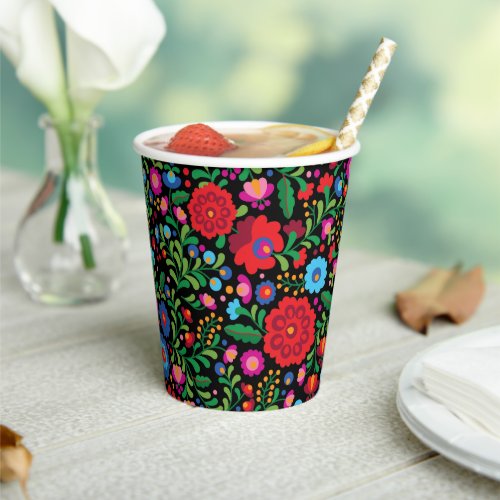 Mexican Embroidery Colorful Pattern on Black Paper Cups