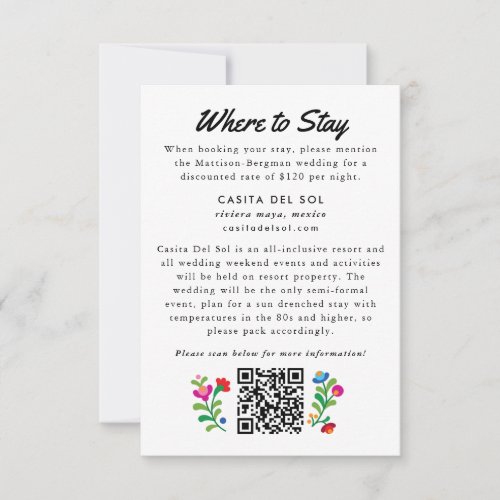 Mexican Embroidery Colorful Wedding Hotel RSVP Card