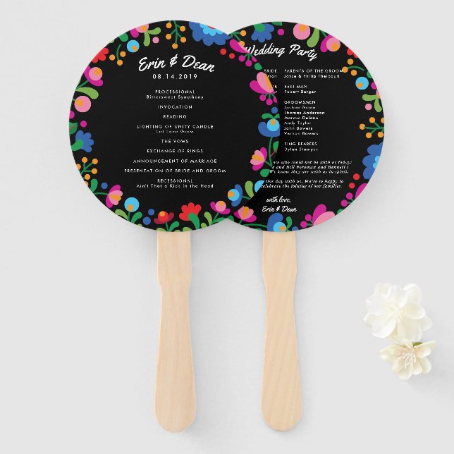 Mexican Embroidery Colorful Wedding Program Fan (Front and Back)