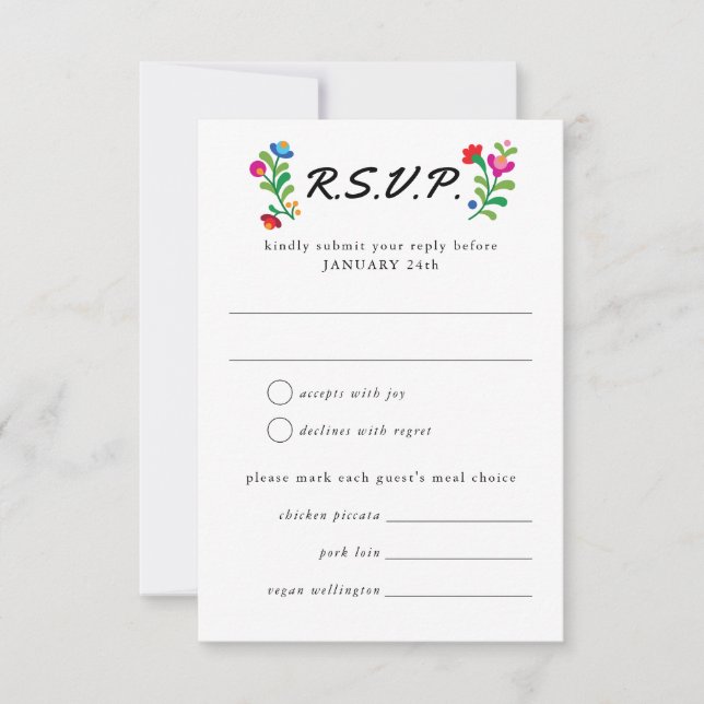 Mexican Embroidery Colorful Wedding RSVP Card (Front)