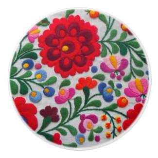 Mexican Embroidery Floral Red Bold Colors Coco Ceramic Knob