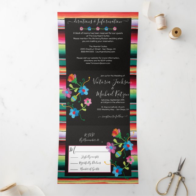 Mexican Embroidery Floral Rug Wedding Tri-Fold Inv Invitation (Inside)