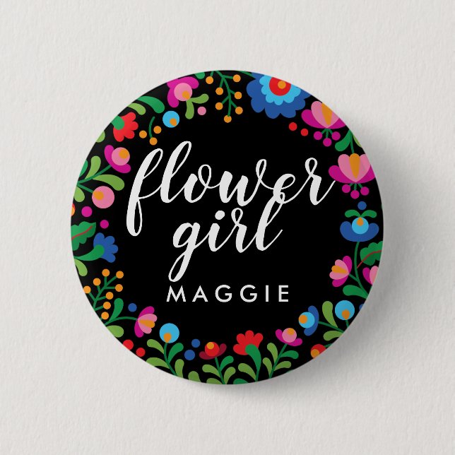 Mexican Embroidery Flower Girl Name Button (Front)