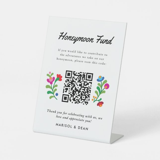 Mexican Embroidery Honeymoon Fund Pedestal Sign (Front)
