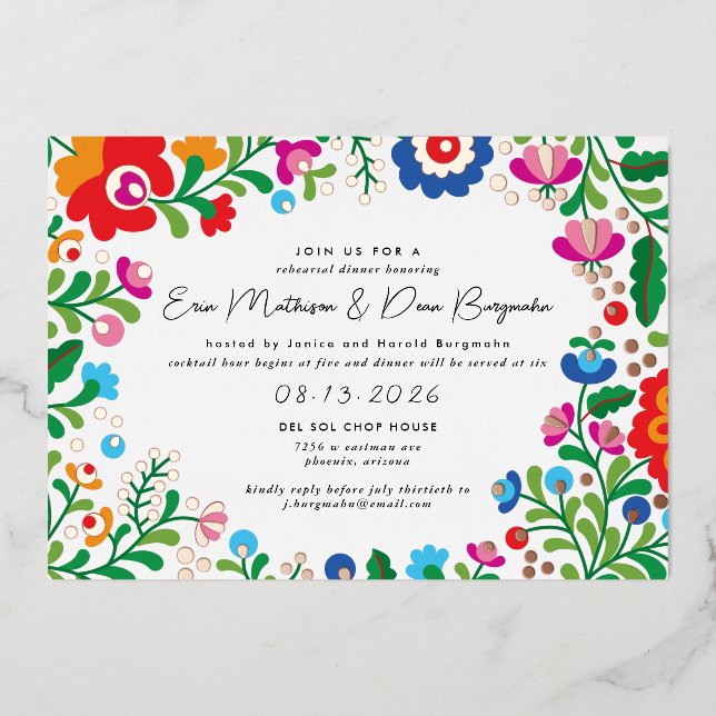 Mexican Embroidery Wedding Rehearsal Dinner Foil I Invitation (Front)