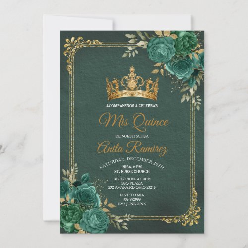 Mexican Emerald Green Floral  Gold Mis Quince Invitation
