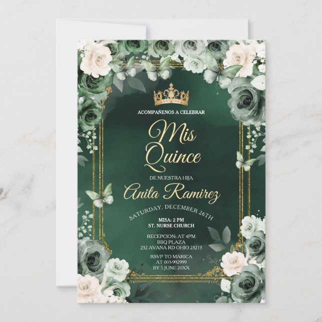 Mexican Emerald Green & Ivory White Quinceañera Invitation (Front)