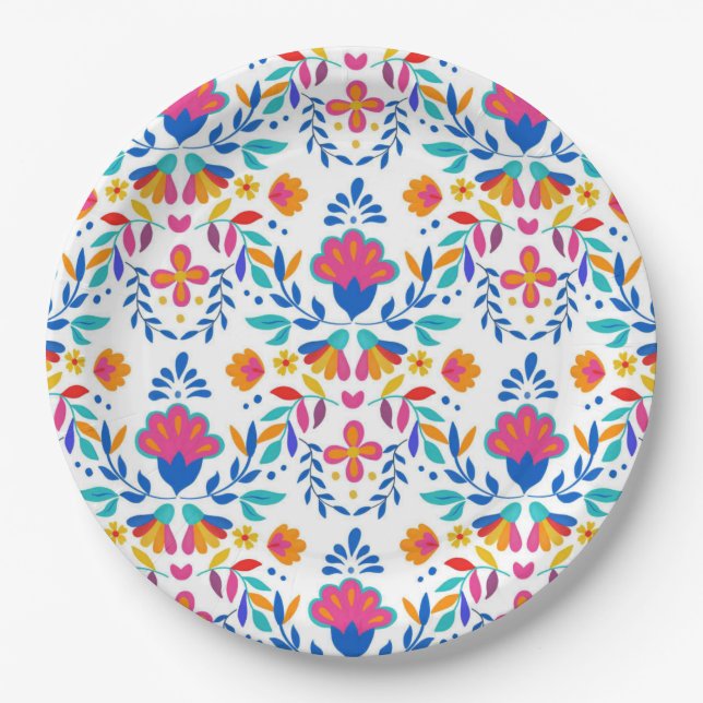Mexican ethnic folk art floral pattern  paper plates (Front)