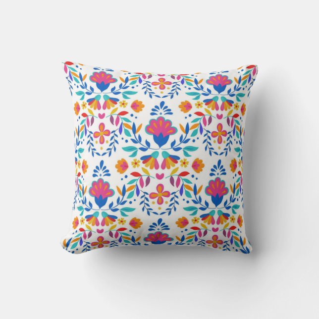 Mexican Ethnic Folk Art Floral Pattern Throw Pillow (Front)