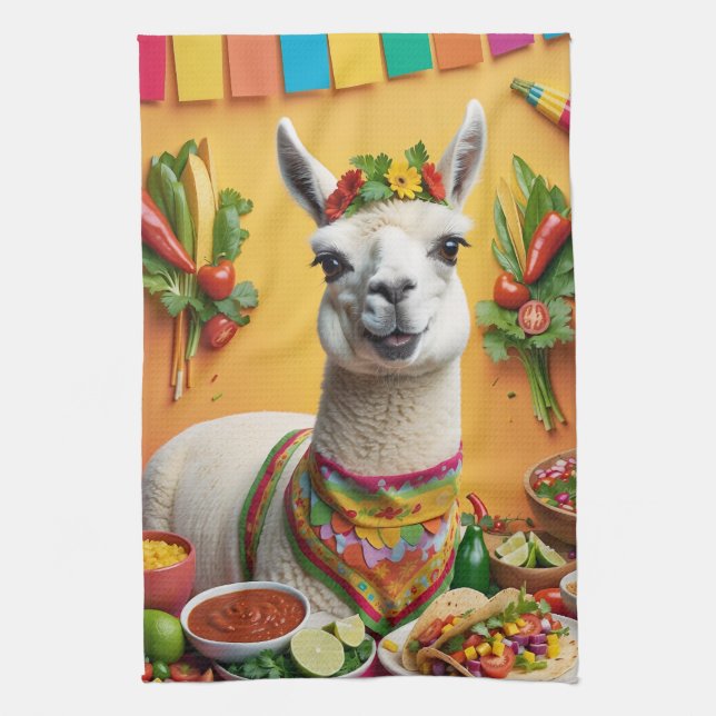 Mexican Feast Cute Llama  Kitchen Towel (Vertical)