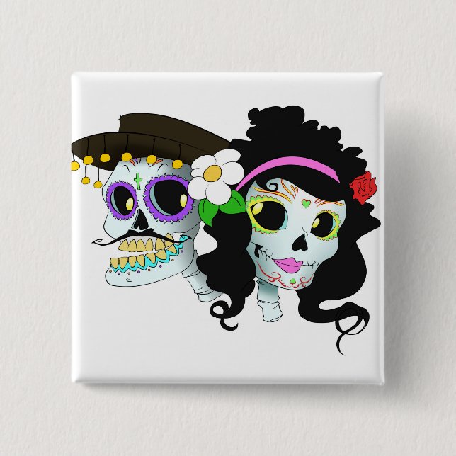 Mexican Festive Skull Couple Button (Front)