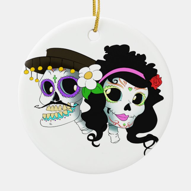 Mexican Festive Skull Couple Ceramic Ornament (Front)