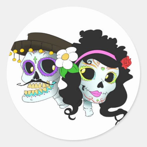 Mexican Festive Skull Couple Classic Round Sticker