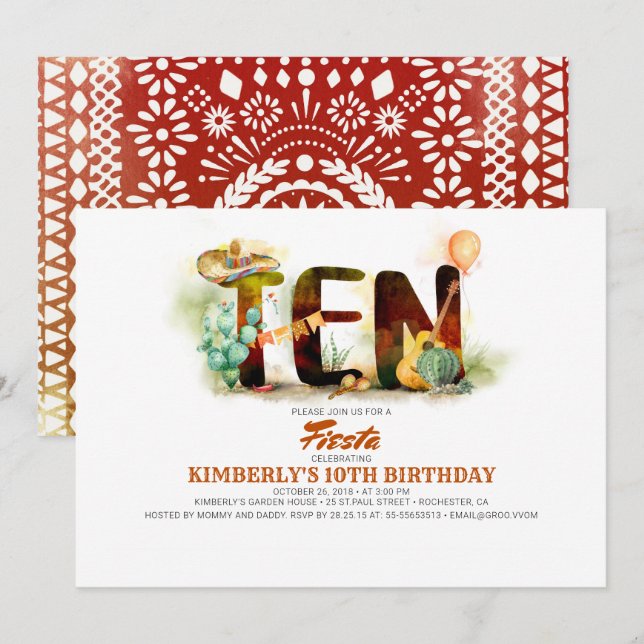 Mexican Fiesta 10th Birthday Party Invitation (Front/Back)