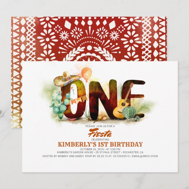 Mexican Fiesta 1st Birthday Party Invitation (Front/Back)