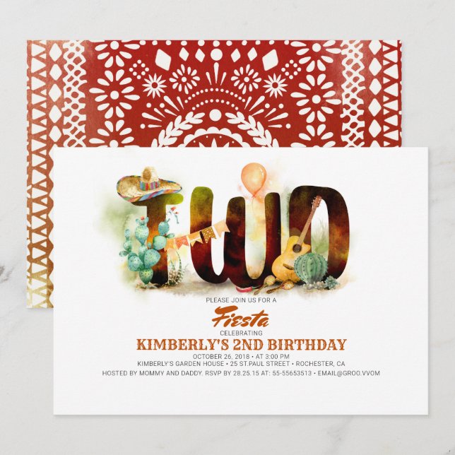 Mexican Fiesta 2nd Birthday Party Invitation (Front/Back)