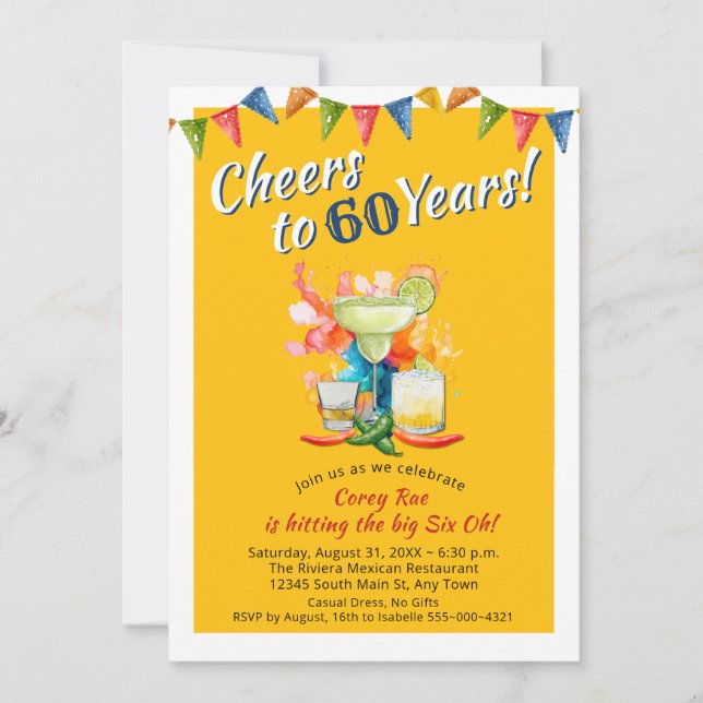 Mexican Fiesta 60th Birthday Cheers to 60 Years Invitation (Front)