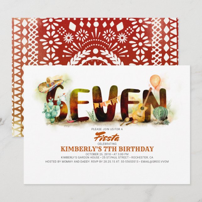 Mexican Fiesta 7th Birthday Party Invitation (Front/Back)