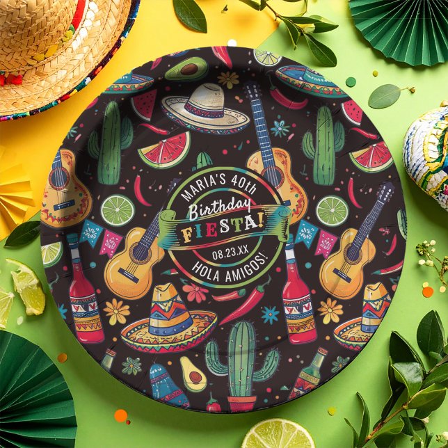 Mexican Fiesta Any Occasion Pattern Black ID1114 Paper Plates (Creator Uploaded)