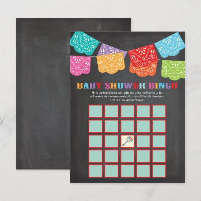 Mexican Fiesta Baby Shower Bingo game card (Front/Back)