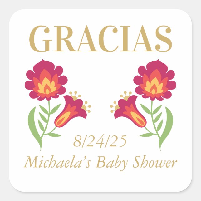Mexican Fiesta Baby Shower Sticker, Red Floral Square Sticker (Front)