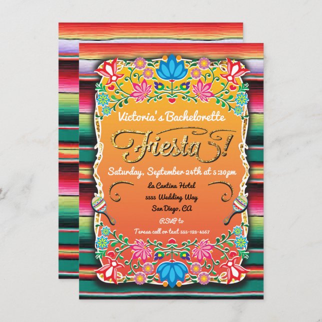 Mexican Fiesta Bachelorette Party Gold Glitter Invitation (Front/Back)