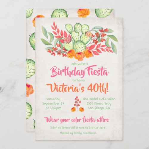 Mexican Fiesta Birthday Party Watercolor Cactus Invitation