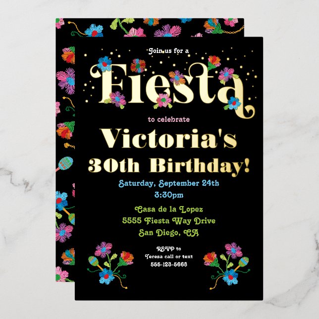 Mexican Fiesta Birthday Party with embroidery Foil Invitation (Front/Back)
