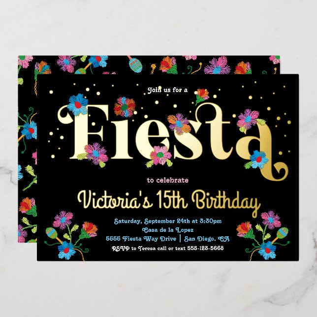 Mexican Fiesta Birthday Party with embroidery Foil Invitation (Front/Back)