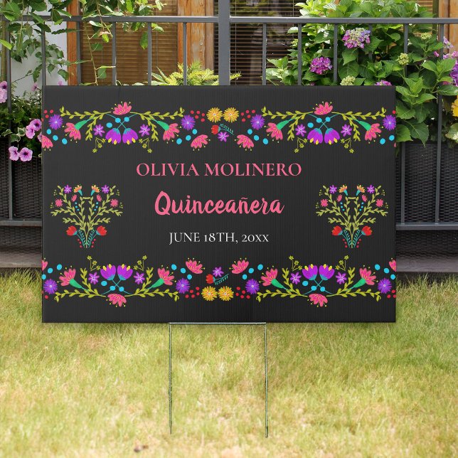 Mexican Fiesta Black Folk Flowers Custom Yard Sign (Large Yard Sign from my Mexican Fiesta Flowers Quinceanera Collection)