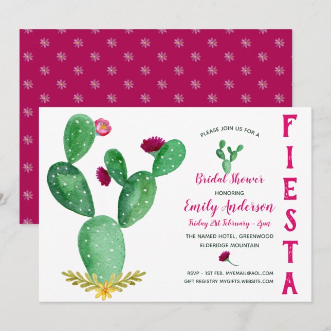 Mexican Fiesta Bridal Shower Cacti Pink Invitation (Front/Back)
