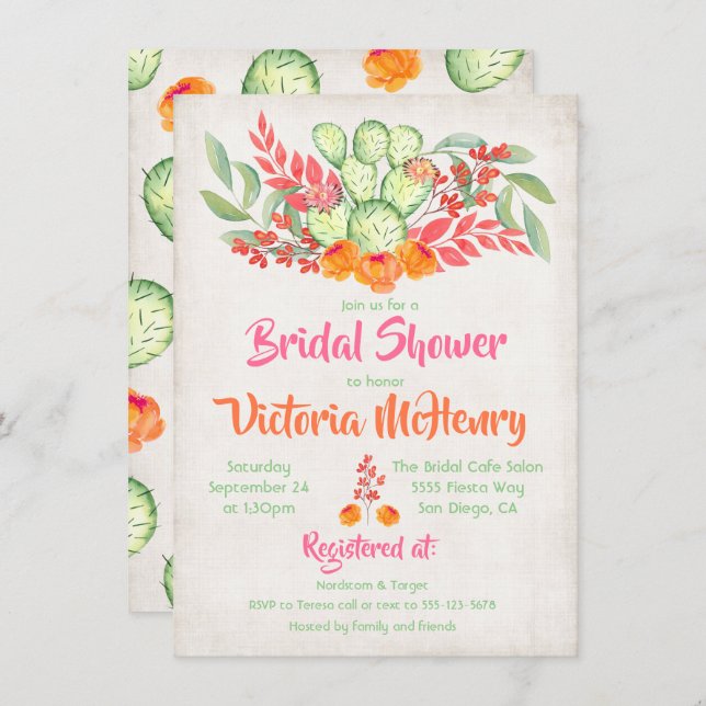Mexican Fiesta Bridal Shower Watercolor Cactus Invitation (Front/Back)
