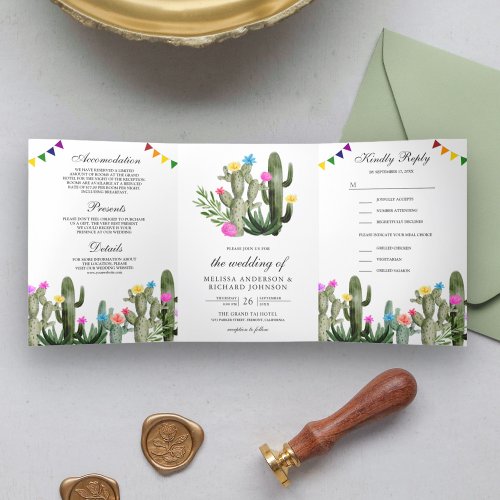 Mexican Fiesta Cactus Floral All in One Wedding Tri_Fold Invitation