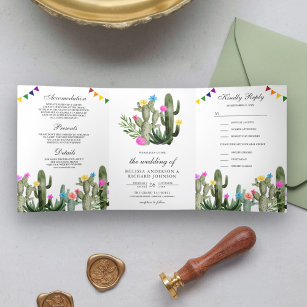 Mexican Fiesta Cactus Floral All in One Wedding Tri-Fold Invitation