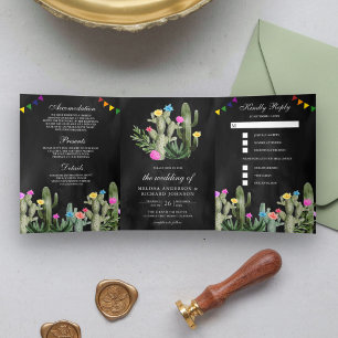 Mexican Fiesta Cactus Floral Black Wedding Tri-Fold Invitation