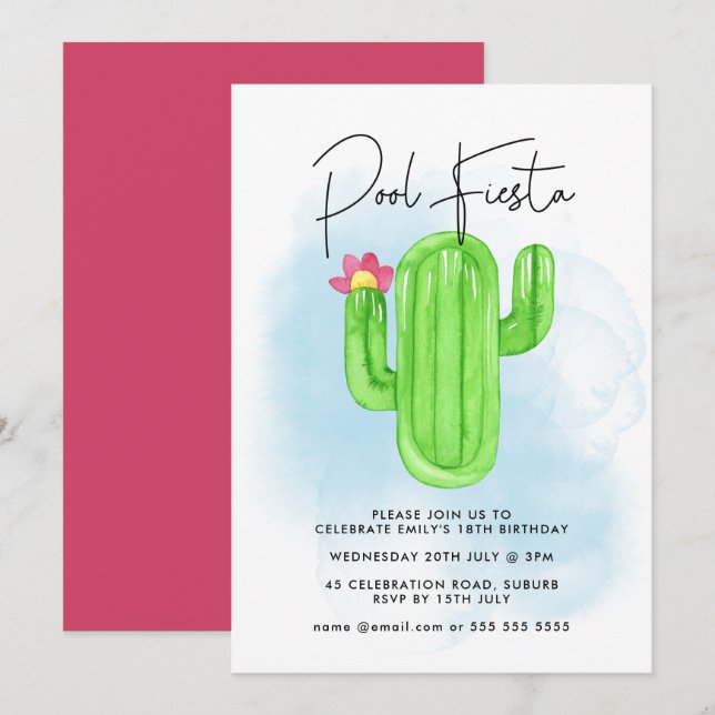 Mexican Fiesta Cactus Pool Party Any Age Birthday Invitation (Front/Back)