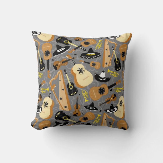 Mexican Fiesta Cartoon Music Pattern Throw Pillow (Front)
