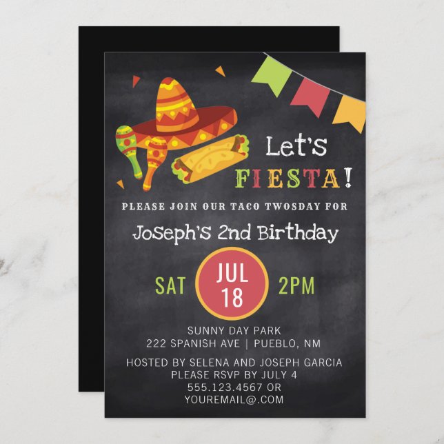 Mexican Fiesta Chalk Taco Twosday 2nd Birthday Invitation (Front/Back)