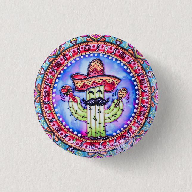 Mexican Fiesta Cinco de Mayo Sombrero Hat Blue Red Button (Front)