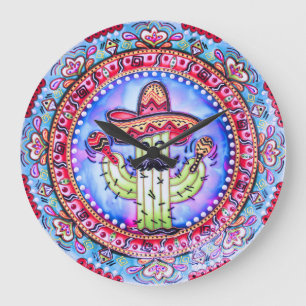 Mexican Fiesta Cinco de Mayo Sombrero Hat Blue Red Large Clock