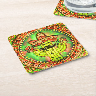 Mexican Fiesta Cinco de Mayo Sombrero Hat Green  Square Paper Coaster