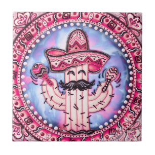 Mexican Fiesta Cinco de Mayo Sombrero Pink Blue Ceramic Tile