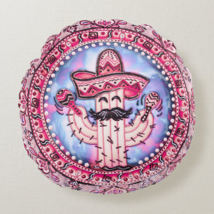 Mexican Fiesta Cinco de Mayo Sombrero Pink Blue Round Pillow