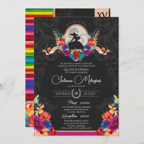 Mexican Fiesta Colorful Floral Charro Quinceanera Invitation