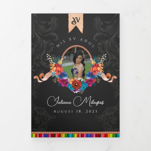 Mexican Fiesta Colorful Floral Charro Quinceaera Tri_Fold Invitation