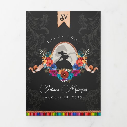 Mexican Fiesta Colorful Floral Charro Quinceanera Tri_Fold Invitation