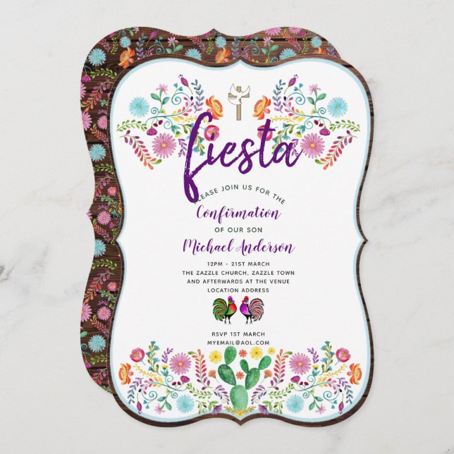 Mexican Fiesta CONFIRMATION Rustic Folk Flowers Invitation (Front/Back)