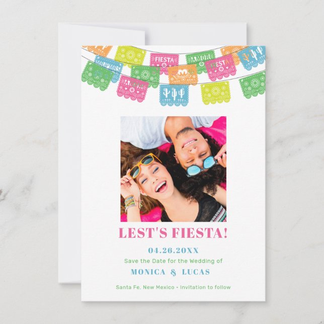 Mexican Fiesta Cut-Out Flag Save the Date Card (Front)