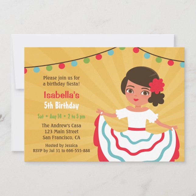 Mexican Fiesta Cute Hispanic Girls Birthday Party Invitation (Front)