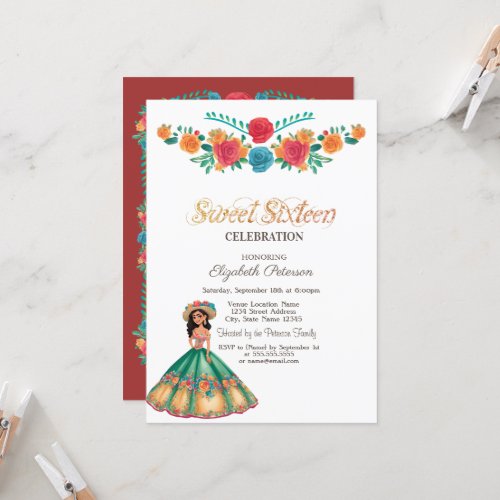 Mexican Fiesta Dress  Flowers Sweet 16  Invitation